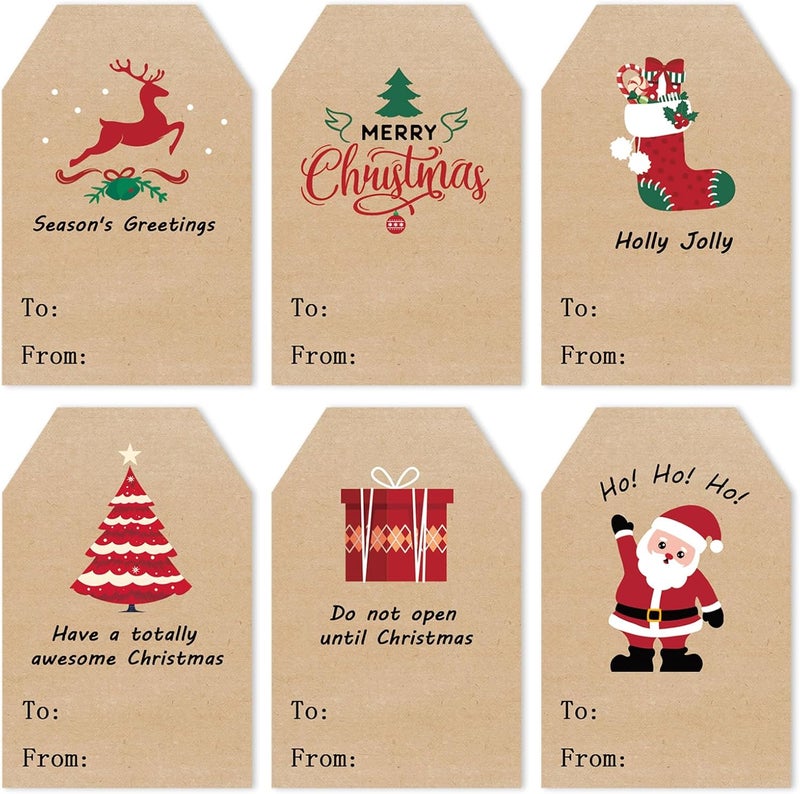 COCHIE Christmas Gift Tags Stickers, 96Pcs Christmas Gift Labels, Xmas Name Tags for Wrap Presents Boxes Decoration, 2 x 3 Inch, Self-Adhesive Natural Kraft Paper Stickers - Image 1